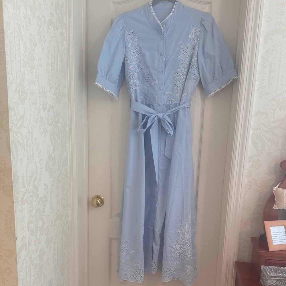 Pale blue long dress with white cut work.